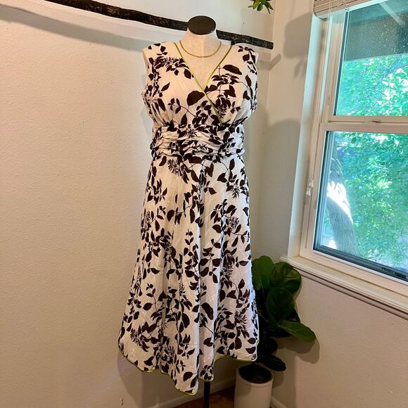 Vintage 90s Robbie Bee Brown Floral Green Trim Fit & Flare V Neck Dress Size 20W - Picture 1 of 12